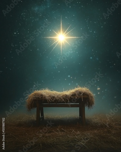 Manger Scene with Star Light Under Ethereal Night Sky