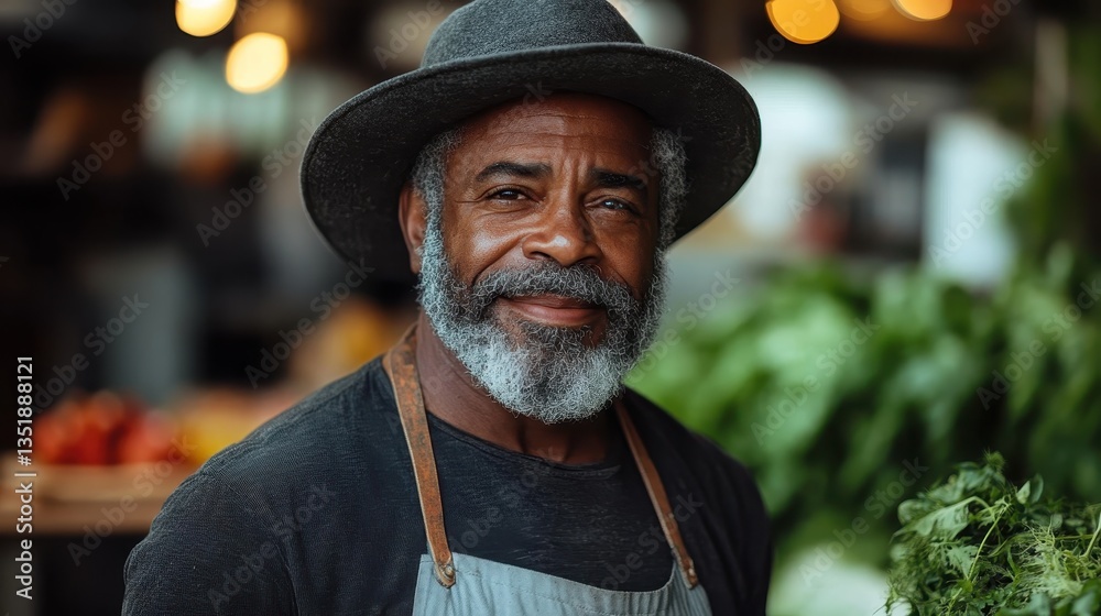 Smiling elderly man wearing a hat in a farmers market Smiling elderly man wearing a hat in a farmers market