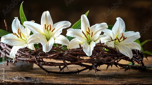 White Lilies in Crown of Thorns on Wooden Surface