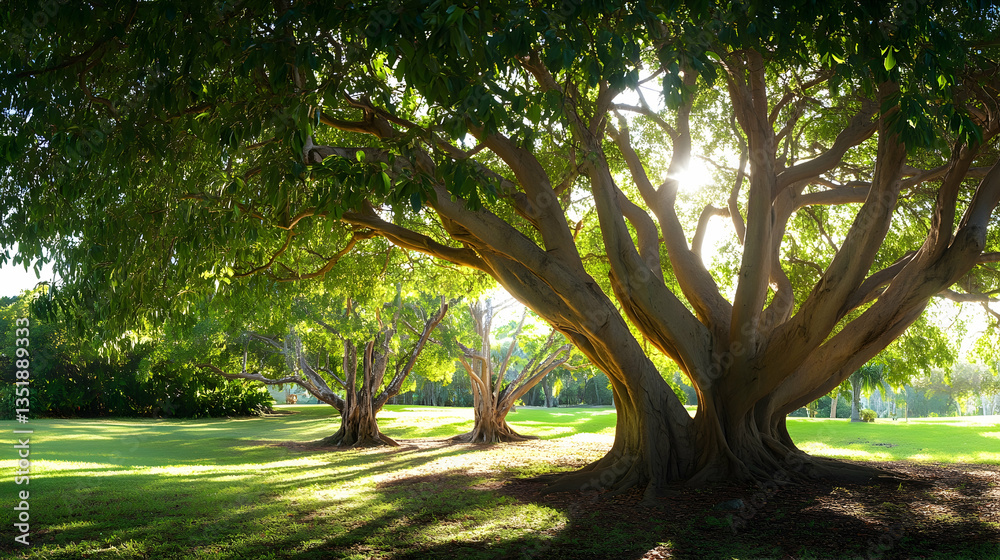 Naklejka premium Majestic fig trees in park sunlight, green grass background, peaceful nature scene, perfect for relaxation or nature documentaries