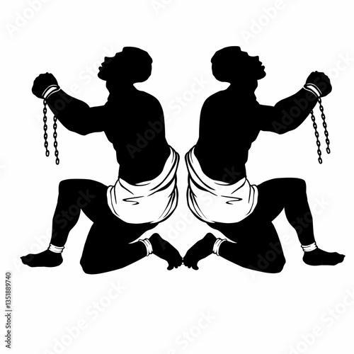 Silhouettes of two kneeling figures in chains, representing the theme of slavery. The artwork highlights the struggle and pain of oppression, evoking reflection on history.
