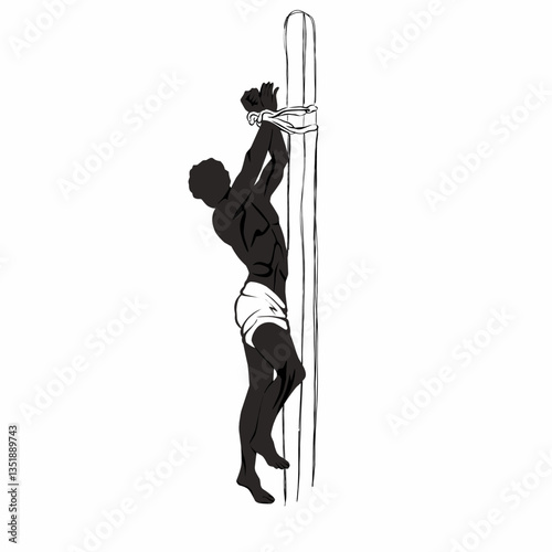 The image depicts chains and shackles from the era of slavery, reflecting the suffering and injustice in history, with a bright contrasting background.