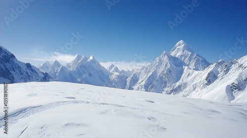 Majestic snow-capped mountains under a clear blue sky, showcasing a vast snowy landscape; ideal for travel brochures