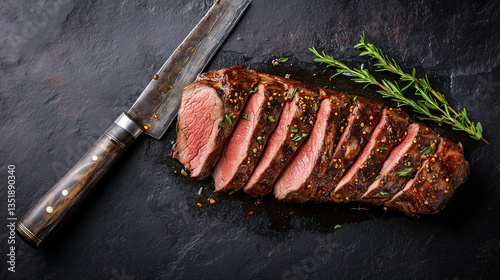 The top-down perspective showcased the tender, sliced venison, infused with fresh herbs, resting on the blade of a large knife, set against a weathered, rustic backdrop with generous copy space availa