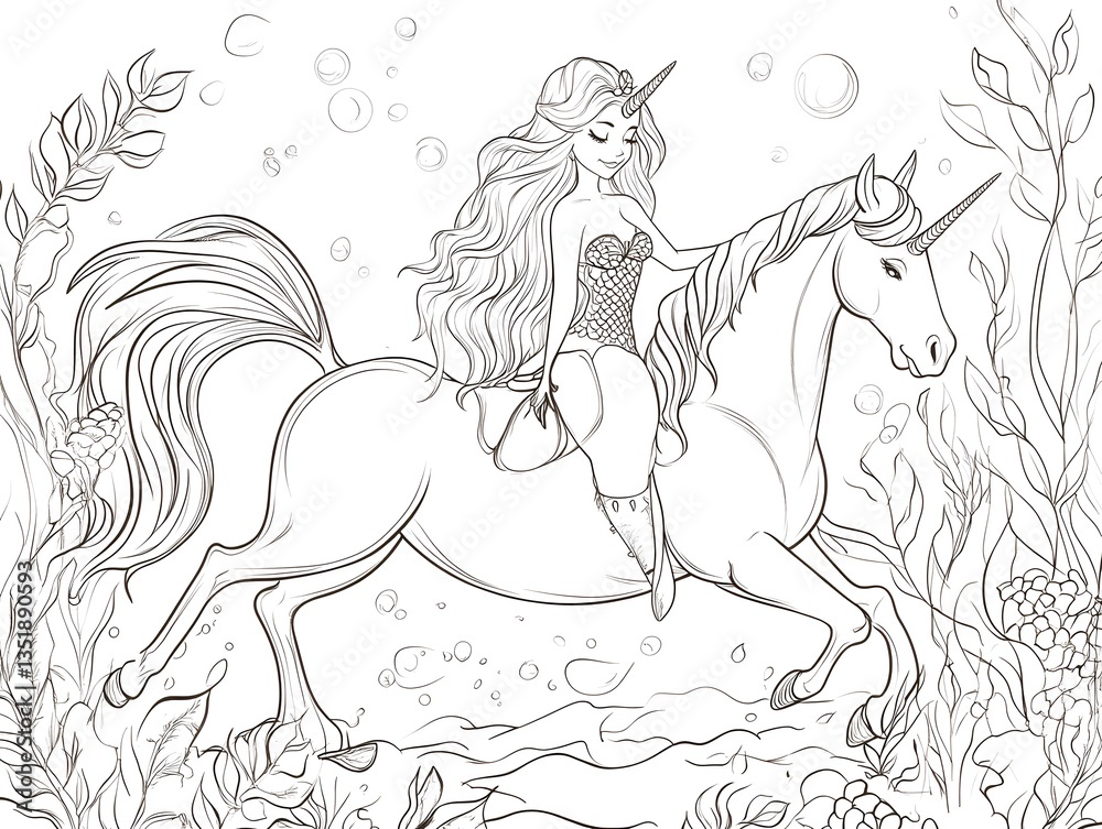 Fototapeta premium Unicorn Princess Riding a Magical Unicorn Horse in Fantasy Landscape Artwork