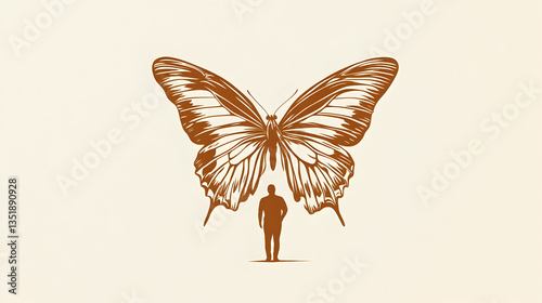 Man gazing at giant butterfly, nature background, transformation concept, for inspirational design
