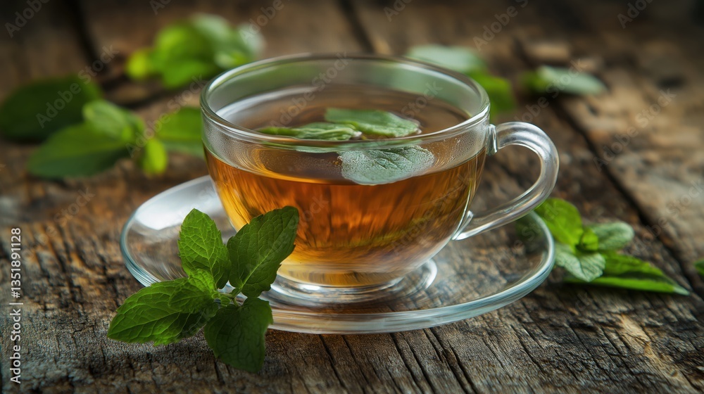 A close-up of a glass teacup filled with herbal tea and fresh mint leaves, resting on a weathered wooden surface A close-up of a glass teacup filled with herbal tea and fresh mint leaves, resting on a weathered wooden surface