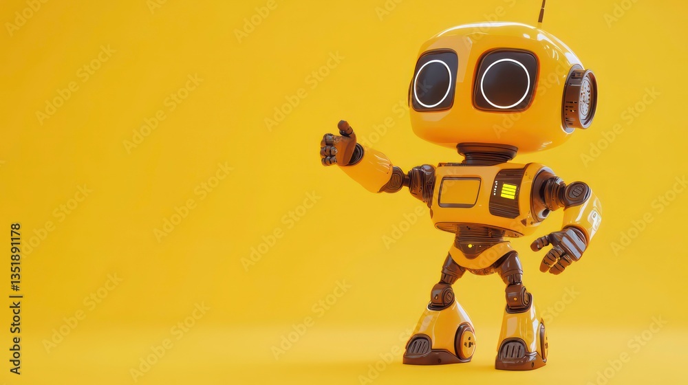 Cute robot pointing, bright yellow background, modern design, presentation graphic Cute robot pointing, bright yellow background, modern design, presentation graphic