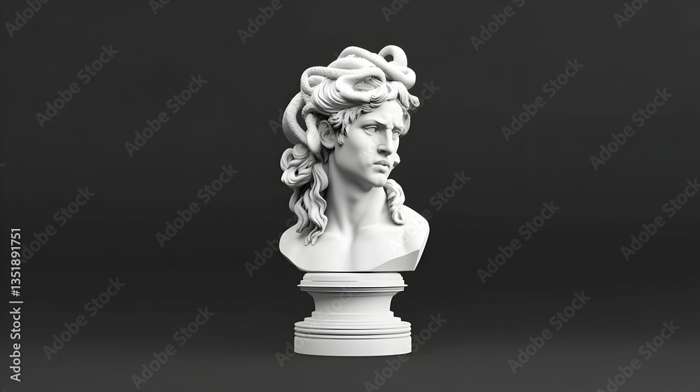 Obraz premium Medusa bust sculpture, classical art, dark background, 3D render, website design