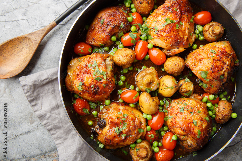 Delicious crispy chicken thighs baked with mushrooms, green peas, cherry tomatoes, garlic and herbs close-up in a frying pan on the table. Horizontal top view from above
