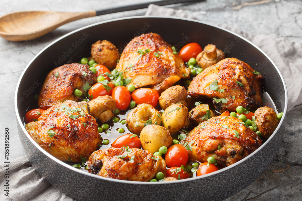 Honey garlic chicken thighs baked with mushrooms, green peas, cherry tomatoes and herbs close-up in a frying pan on the table. Horizontal
