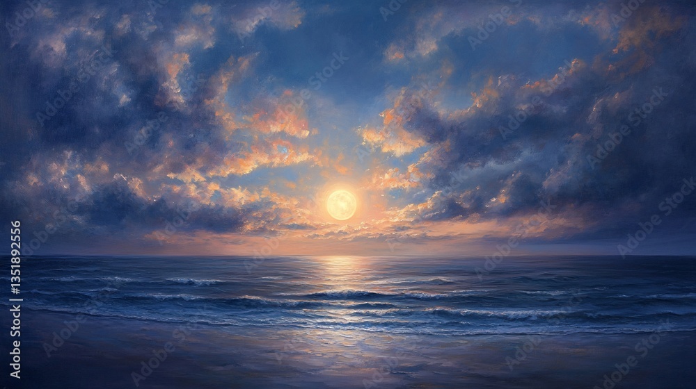 A serene moonlit seascape featuring a glowing full moon and dramatic cloud formations over calm ocean waves A serene moonlit seascape featuring a glowing full moon and dramatic cloud formations over calm ocean waves