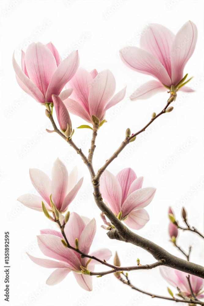 Pink magnolia blossoms on a tree branch, isolated on a white background. (Flower) Pink magnolia blossoms on a tree branch, isolated on a white background. (Flower)