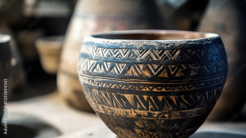 Ancient Pottery: A close-up of an exquisitely crafted ancient pottery, its textured surface adorned with intricate geometric patterns. Ancient Pottery: A close-up of an exquisitely crafted ancient pottery, its textured surface adorned with intricate geometric patterns.