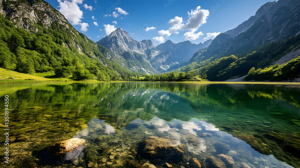 Fototapeta premium Mountain lake reflection, idyllic alpine scenery, summer day. Perfect for travel brochures, tourism websites