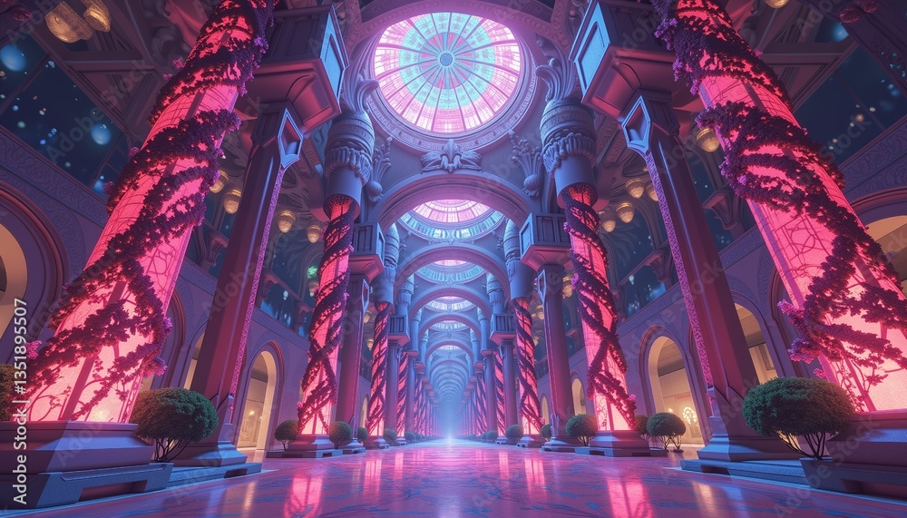 Obraz premium vibrant pink and blue atrium with arches and columns