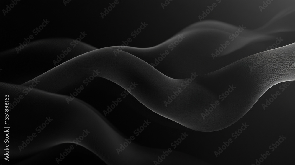 Abstract black and white waves flowing smoothly in a dark background with subtle lighting effects