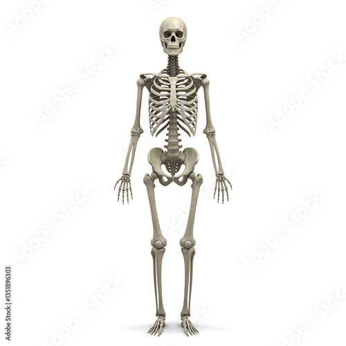 Full human skeleton front view isolated on white background detailed anatomical bone structure