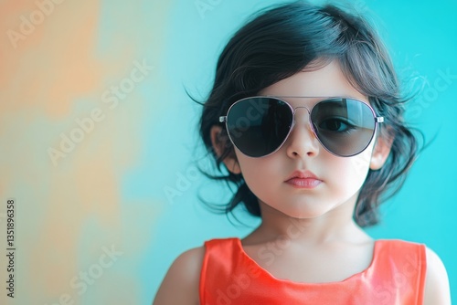 A cute little girl with dark hair and aviator sunglasses looks directly at the camera against a pastel background.