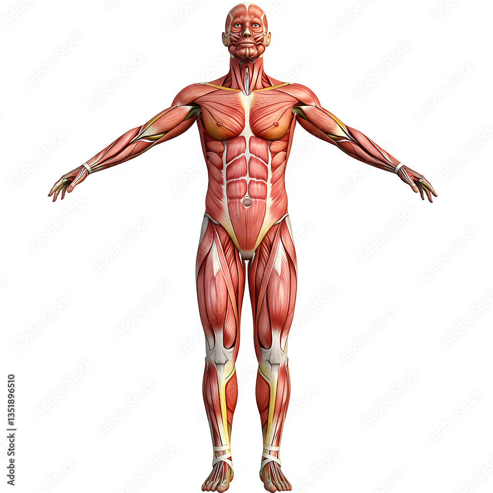Full human muscular system front view isolated on white background showing detailed muscle anatomy Full human muscular system front view isolated on white background showing detailed muscle anatomy