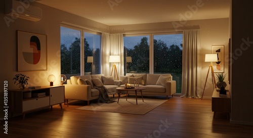 Living Room Interior with Rain Outside Window and Soft Lighting