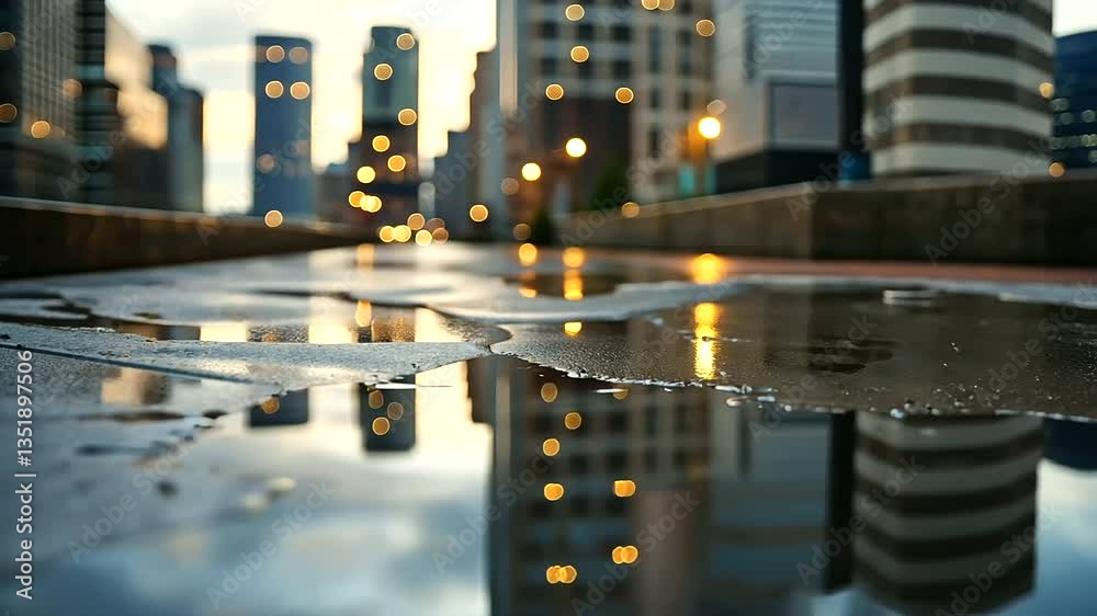 A house shadow dissolving into a puddle at dusk reflecting skyline