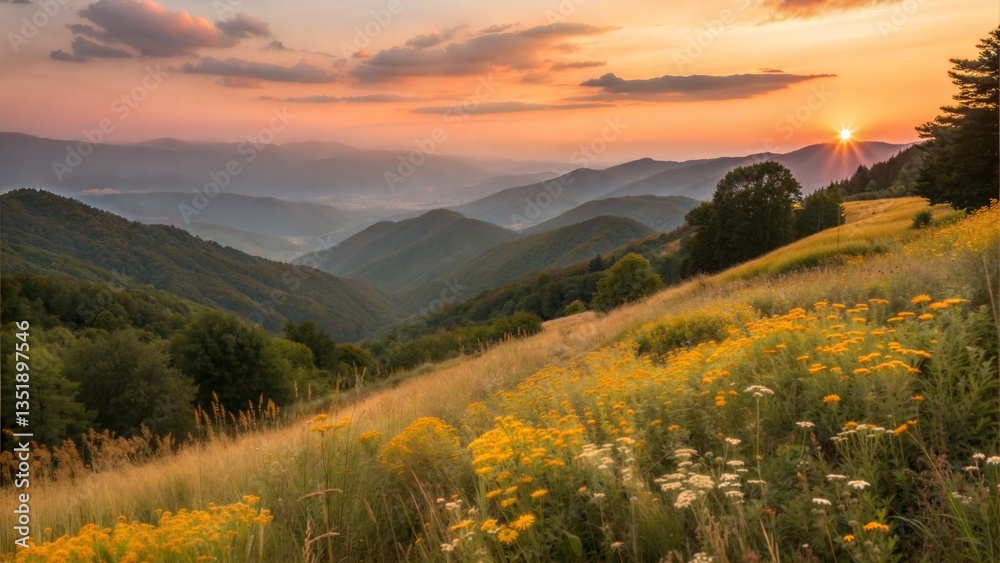 Obraz premium Golden Wildflowers in Mountain Valley at Sunset
