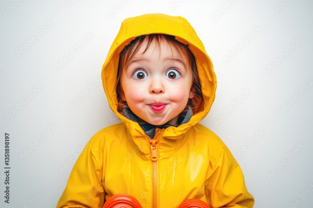 A toddler in a yellow raincoat makes a funny face, eyes wide with surprise and cheeks puffed out. A toddler in a yellow raincoat makes a funny face, eyes wide with surprise and cheeks puffed out.