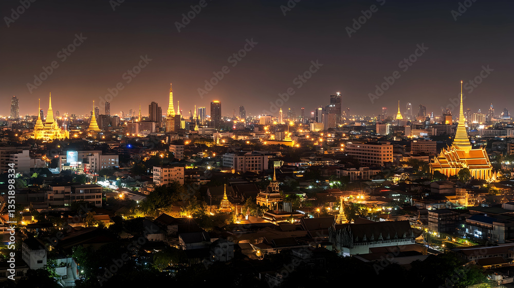 Fototapeta premium Night cityscape, illuminated temples, Asian city skyline, panoramic view, travel brochure