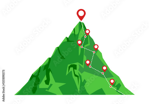 Route to success banner with man on top of mountain with red flag. Vector landing page of career development, business growth with flat illustration of businessman climb on rock peak