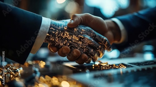 Artificial Intelligence. business man shaking hand with digital partner machine on abstract cyber technology background, network security, partnership, investor, partner, financial, connection concept