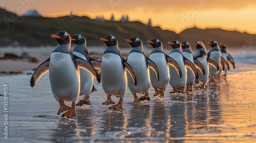 Gentoo penguins walking on beach at sunset.