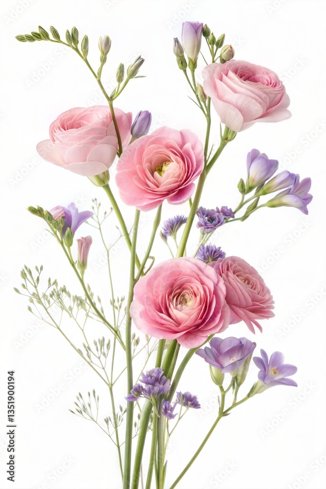 Pink ranunculus, limonium, and purple freesia in a floral arrangement, isolated on white. (Flower) Pink ranunculus, limonium, and purple freesia in a floral arrangement, isolated on white. (Flower)