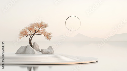 Photography Minimalist Zen Garden with Bonsai Tree and Moon