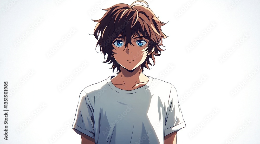 Anime boy with brown hair and blue eyes, wearing a white t-shirt against a white background.
