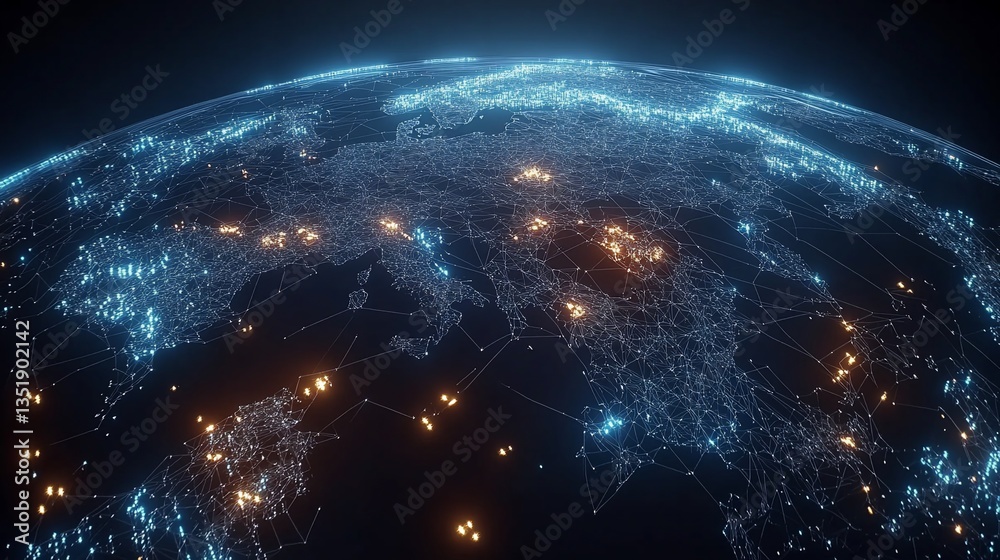 Obraz premium A digital representation of Earth showing interconnected glowing networks across continents