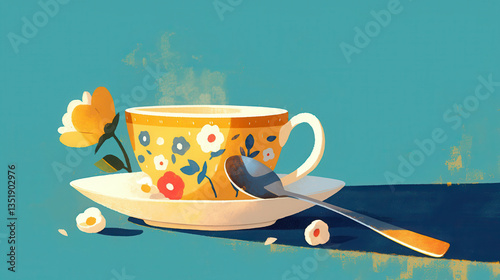 A Cup of Tea with a Spoon and Flowers