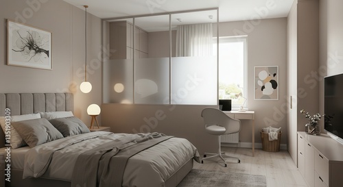 Bedroom Interior Design with Bed, Desk, and Glass Wall Divider photo