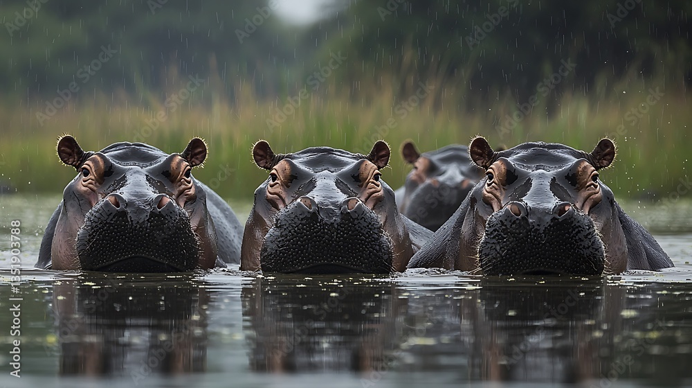 Fototapeta premium Four hippos in a row in murky water.