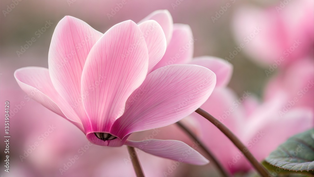 Naklejka premium Soft pink cyclamen flower captured in macro, highlighting its delicate texture and color. (Flower)