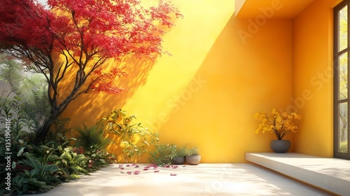 A yellow wall with a tree in the foreground and a potted plant in the background