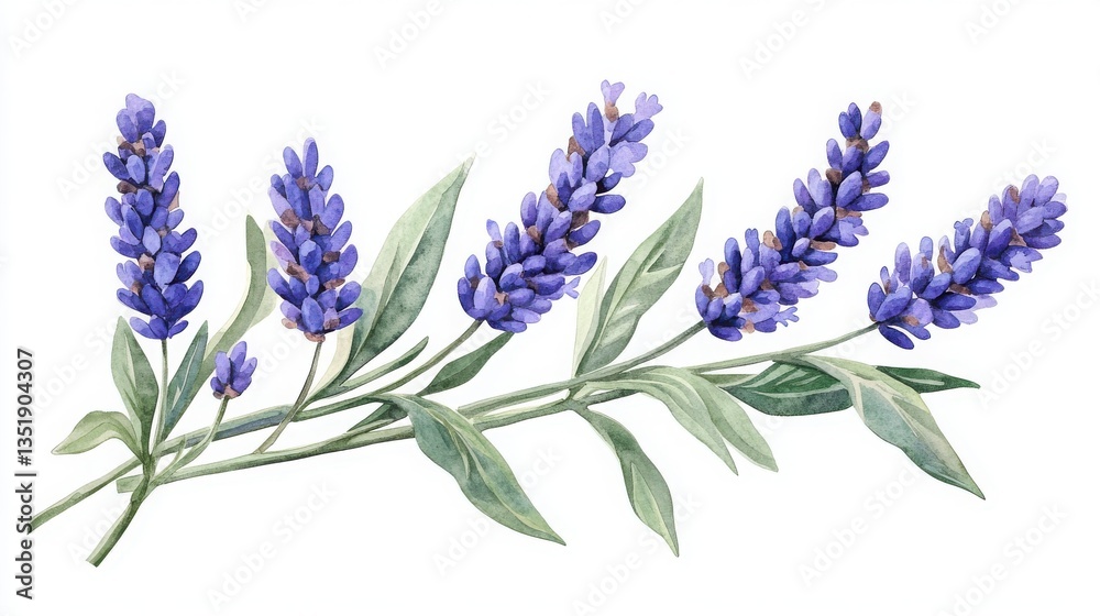 Naklejka premium Watercolor painting of lavender flowers with botanical details in a natural setting