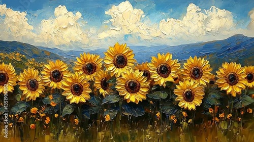 Sunflower field, mountains, blue sky, painting, landscape