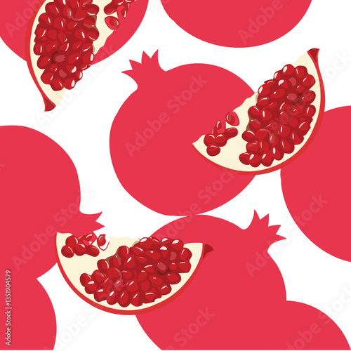 A bold graphic composition of a pomegranate, with vibrant red hues and intricate seed details.