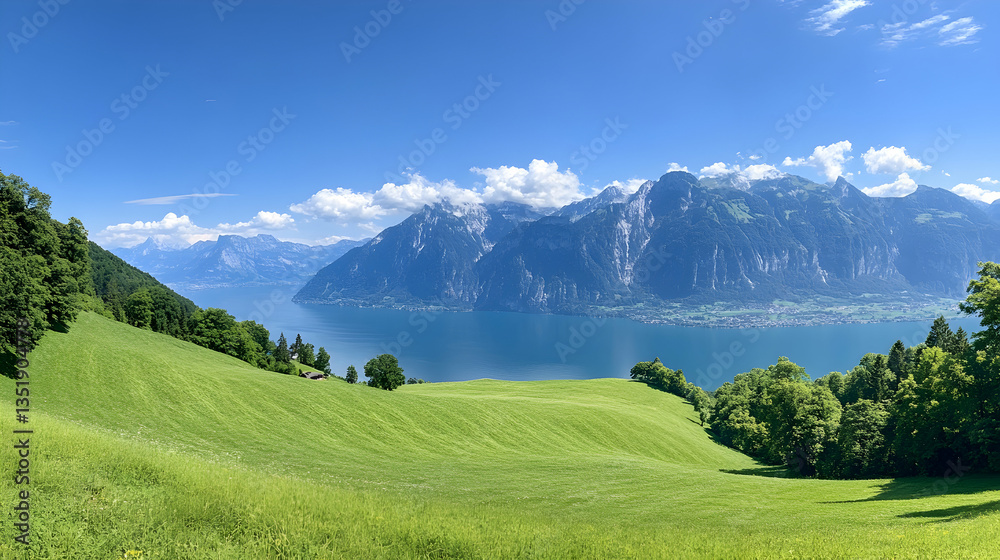 Obraz premium Panoramic view of a serene lake and mountains on a sunny day, with green hills in the foreground. Ideal for travel brochures or calendars