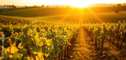 Golden hour sunlight bathes rolling vineyard rows, single vine in focus, texture, harvest, wine country