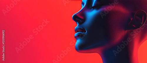 A woman's face is shown in a red background