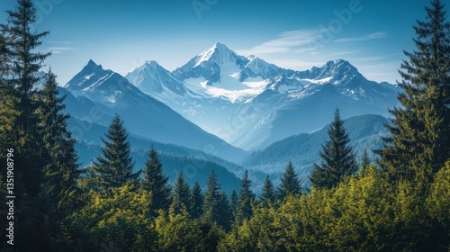 Majestic Snow Capped Mountain Peak Viewed From Lush Green Forest
