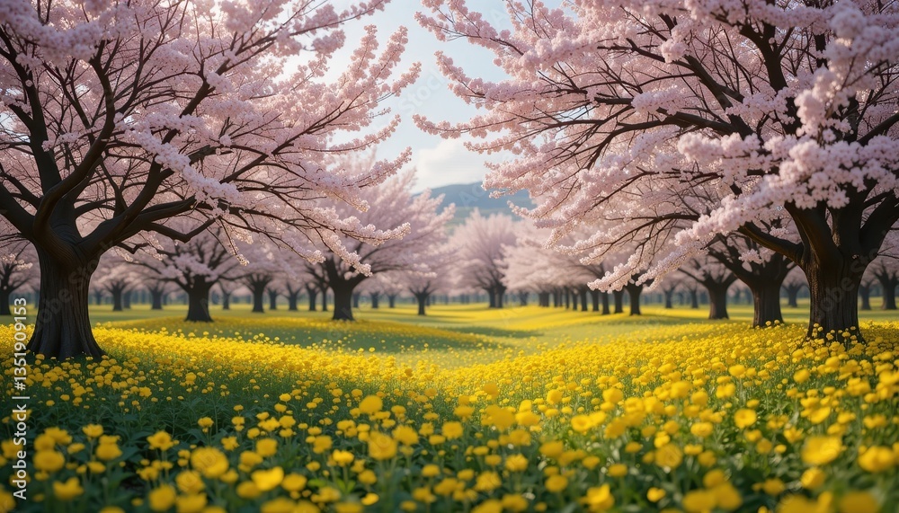 Blossoming cherry trees spring meadow nature scene vibrant landscape serene view floral beauty Blossoming cherry trees spring meadow nature scene vibrant landscape serene view floral beauty