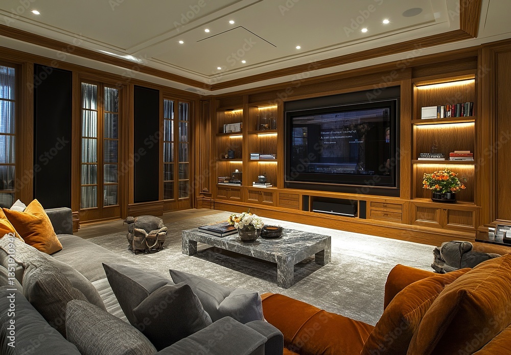 Fototapeta premium Modern interior design of a living room with a TV mounted on the wall, featuring marble and wood paneling, and warm lighting. 